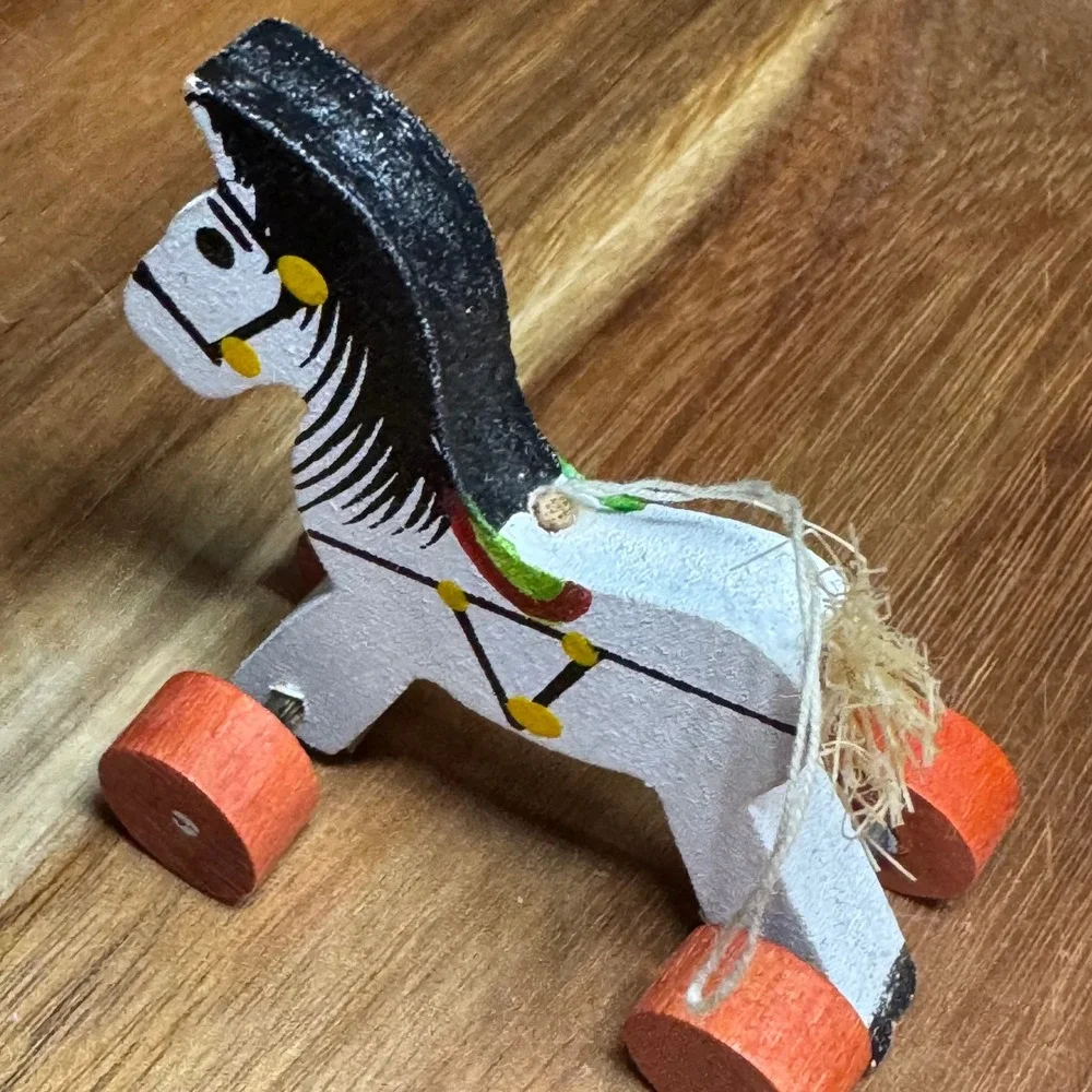 Vintage Kurt S Adler Wooden Horse Pull Toy Ornament Japan Painted White Orange
